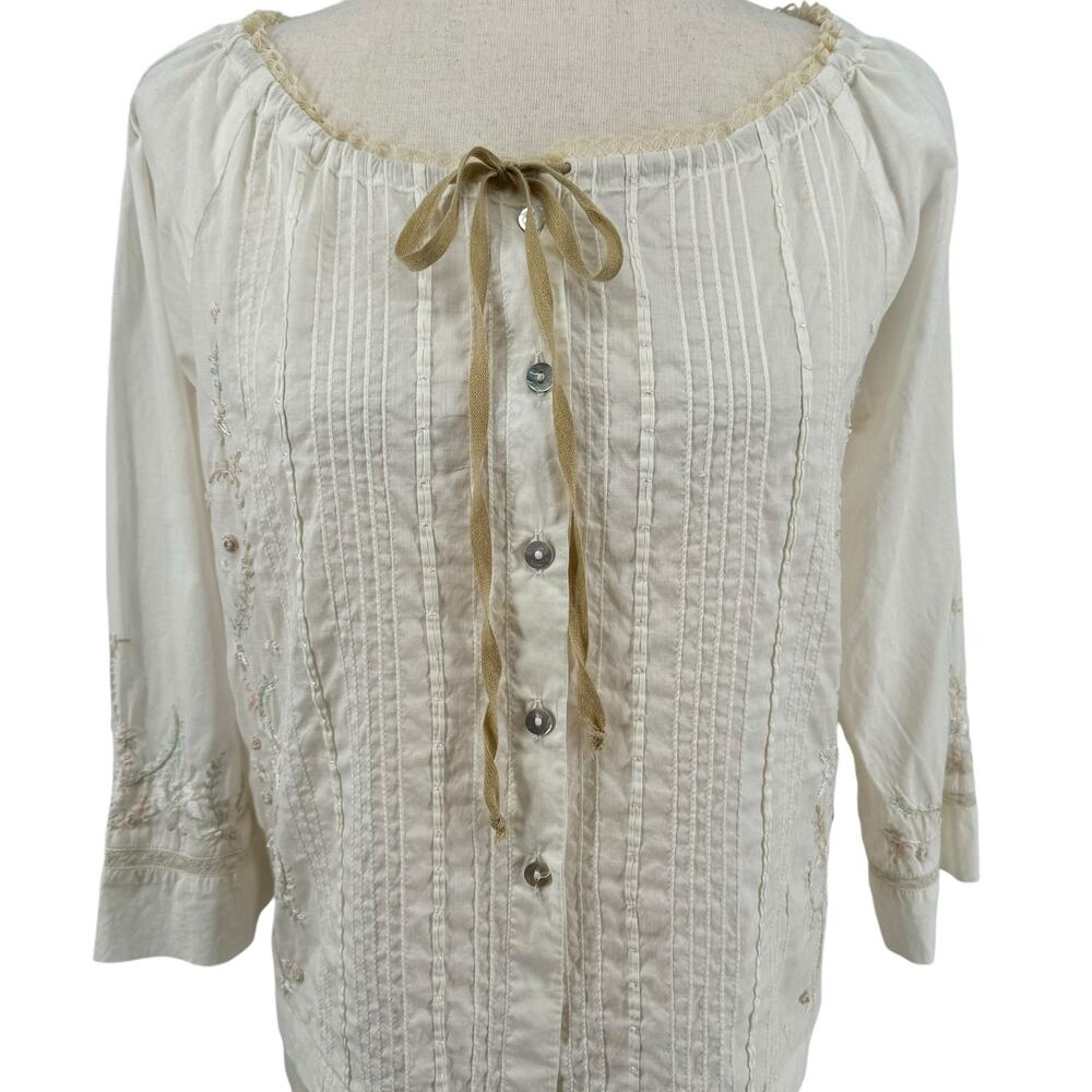 Vtg Milkmaid Cottagecore Button Down‎ Embroidered Long Sleeve Top Womens M White